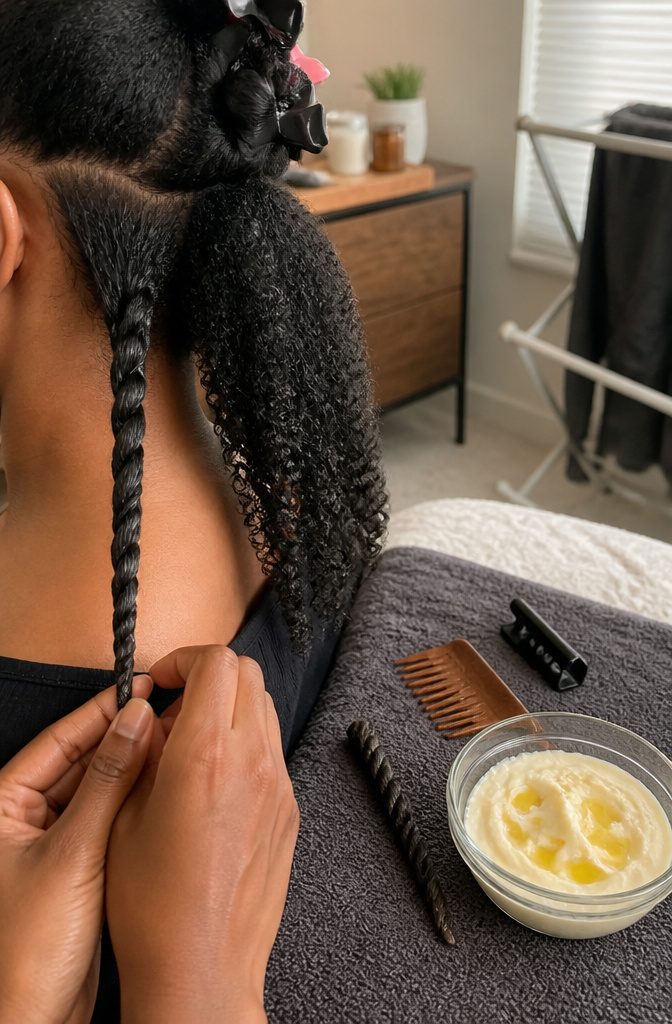 Loose twist coated with shea butter beside a defined finished curl