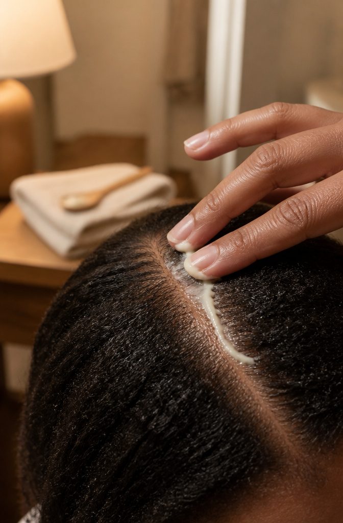 Shea butter applied near the scalp beside textured hair