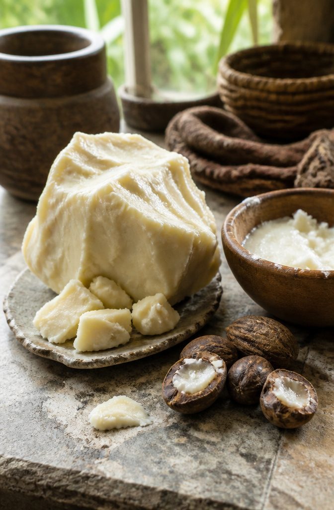 Shea butter beside a section of textured hair