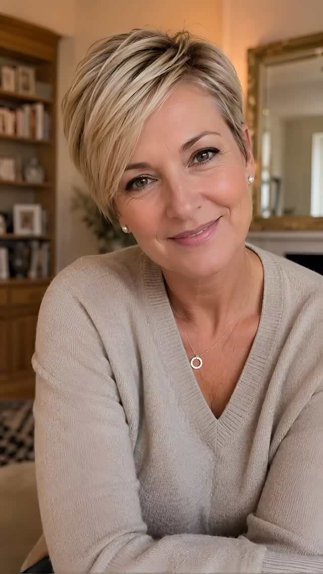 Woman with short blonde pixie hair and a side-swept fringe