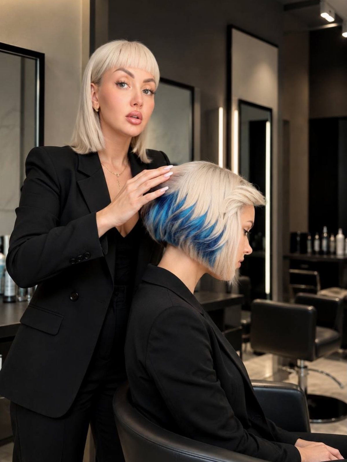Short blonde bob with blue underlayers shown from the side in a salon