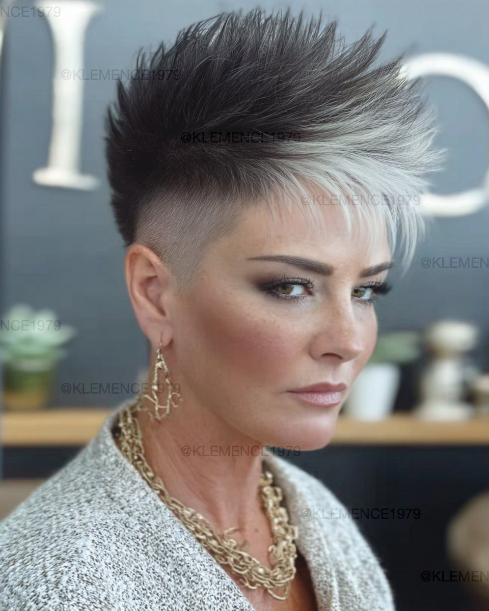 Woman wearing a short faux hawk with upward-styled dark hair and blonde streaks