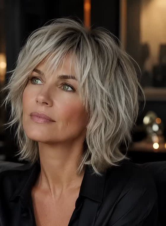 Layered blonde bob with wispy bangs frames a woman's face