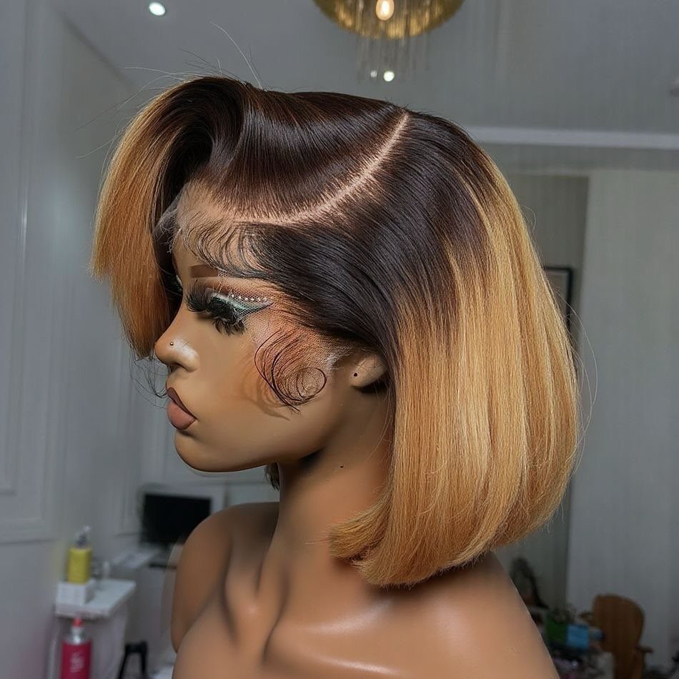 Woman showing a smooth bob with dark roots fading into blonde ends
