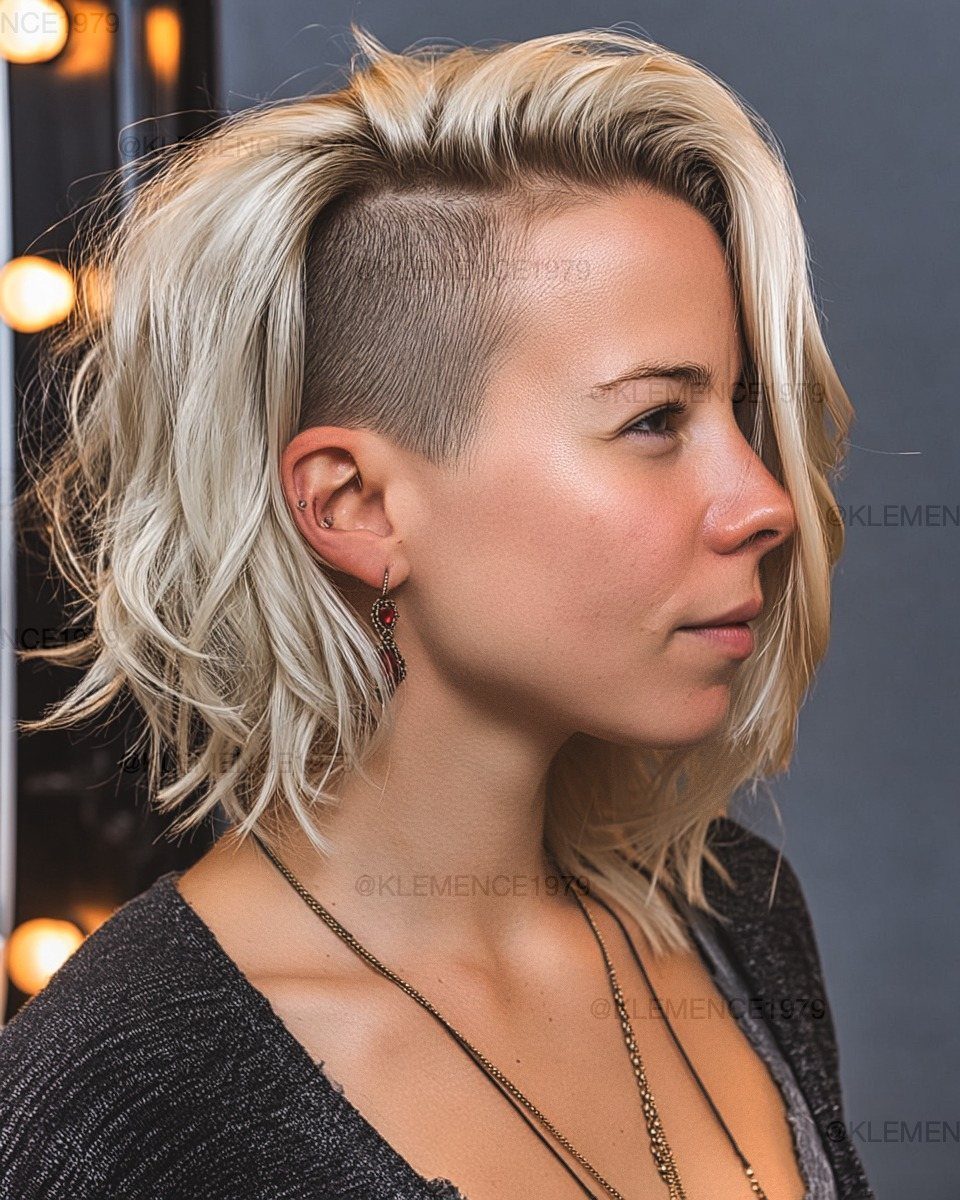 Woman with a tousled blonde bob and closely shaved side