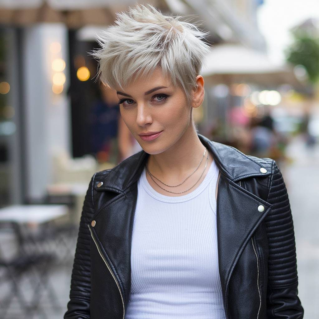 Woman with short spiky platinum-blonde pixie hair wearing a black leather jacket