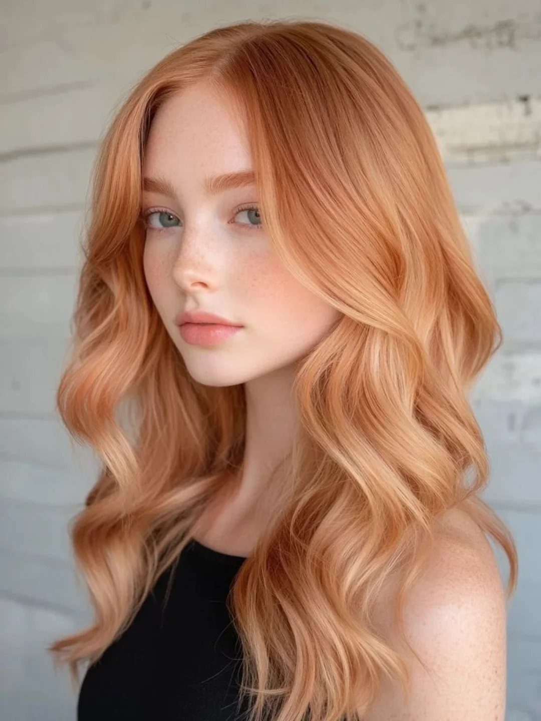 Young woman with long strawberry-blonde hair in loose, softly waved layers