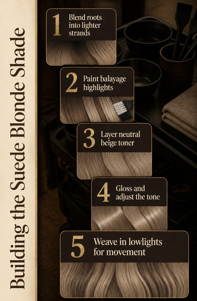 Beauty graphic titled Building the Suede Blonde Shade with a hair color process