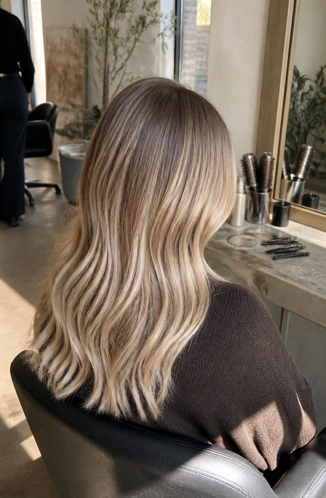 Suede blonde hair with blended dark roots and lighter face-framing pieces
