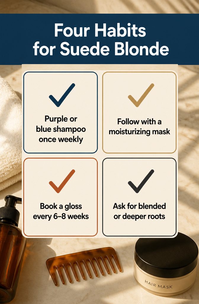 Beauty graphic titled Four Habits for Suede Blonde with hair care tips