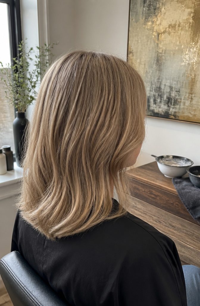 Suede blonde hair with neutral beige tones and subtle gold and ash strands