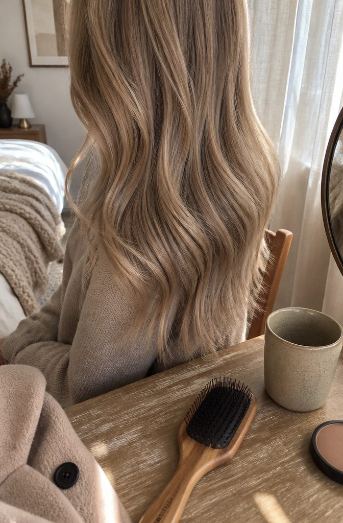 Seated woman with taupe blonde hair resting over her shoulders against her skin