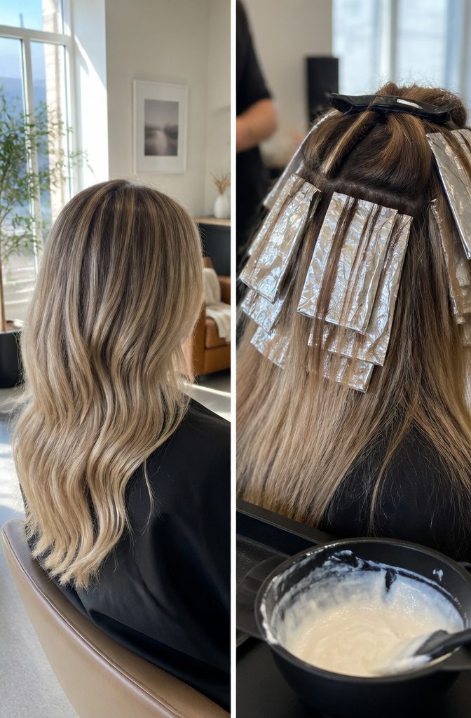 Suede blonde hair with softly blended muted tones through its lengths