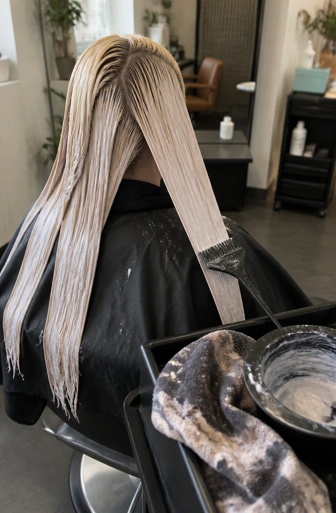 Long blonde hair coated with toner from mid-lengths to ends