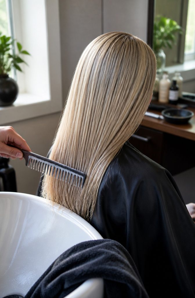 Smooth blonde hair with conditioner on a comb over a salon cape