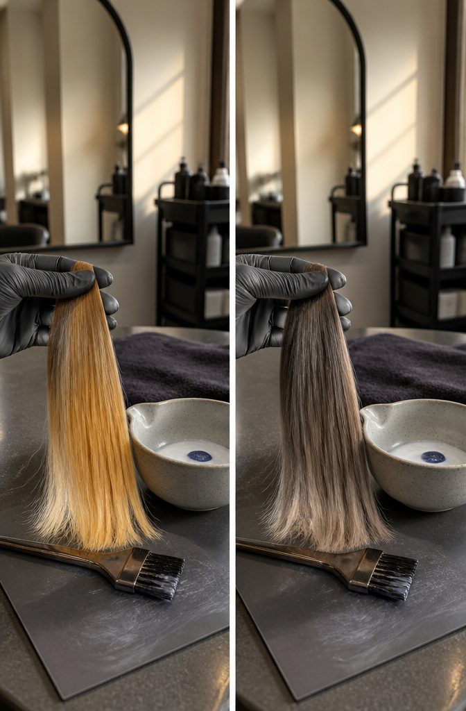 Blonde hair with ash blue color products for toning down