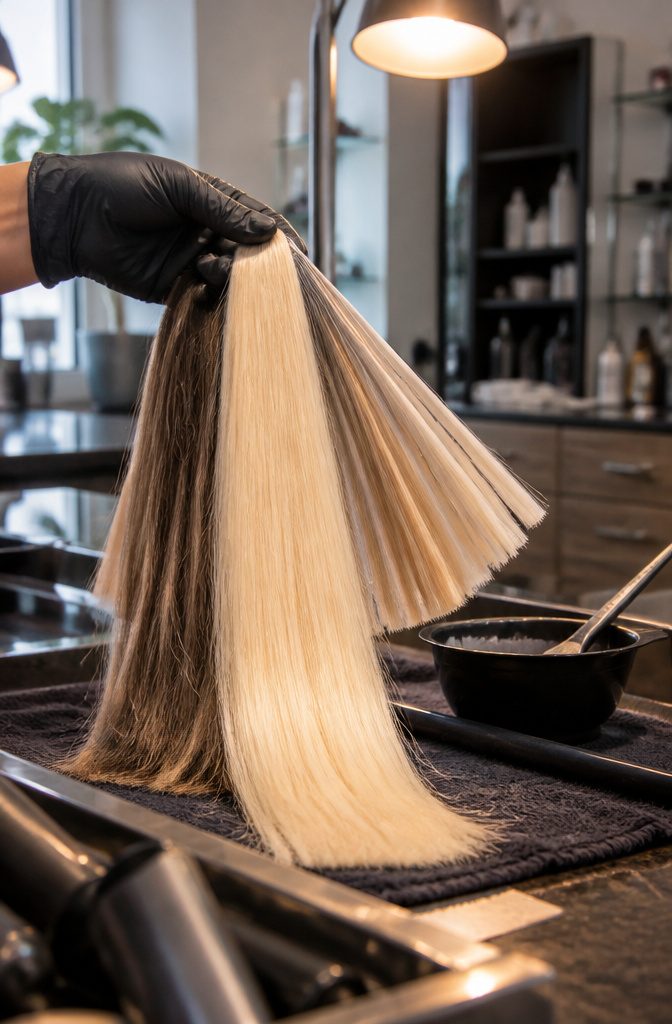 Blonde hair showing a lightened base ready for toner