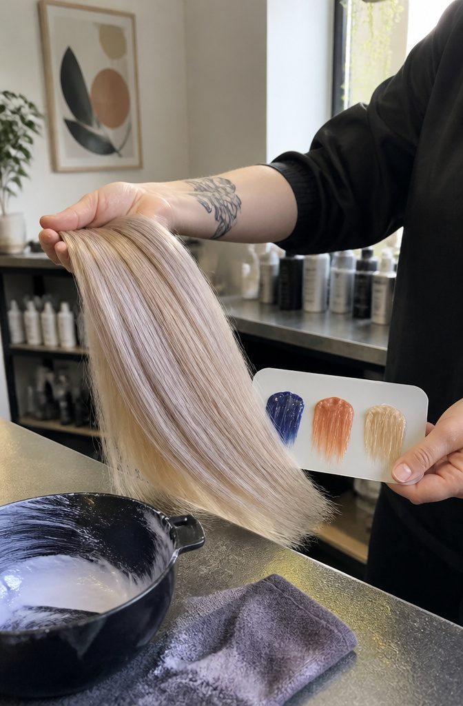 Blonde hair prepared for a bold or warm color