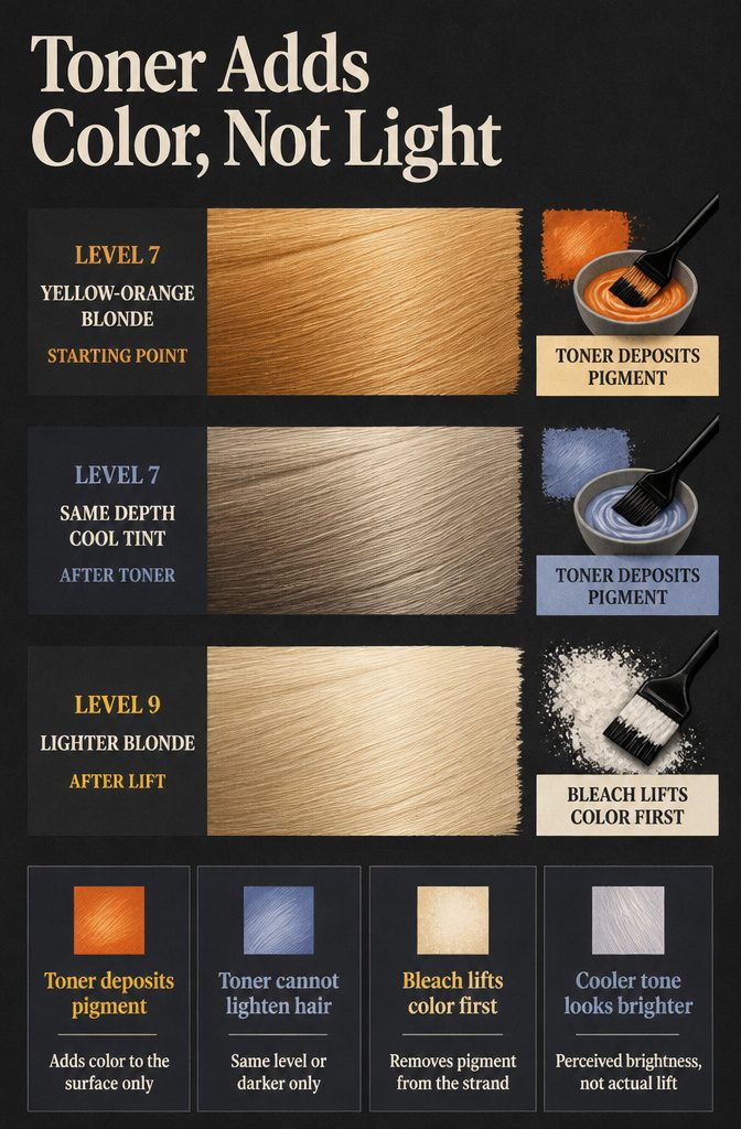 Graphic showing toner adds color but does not lighten hair