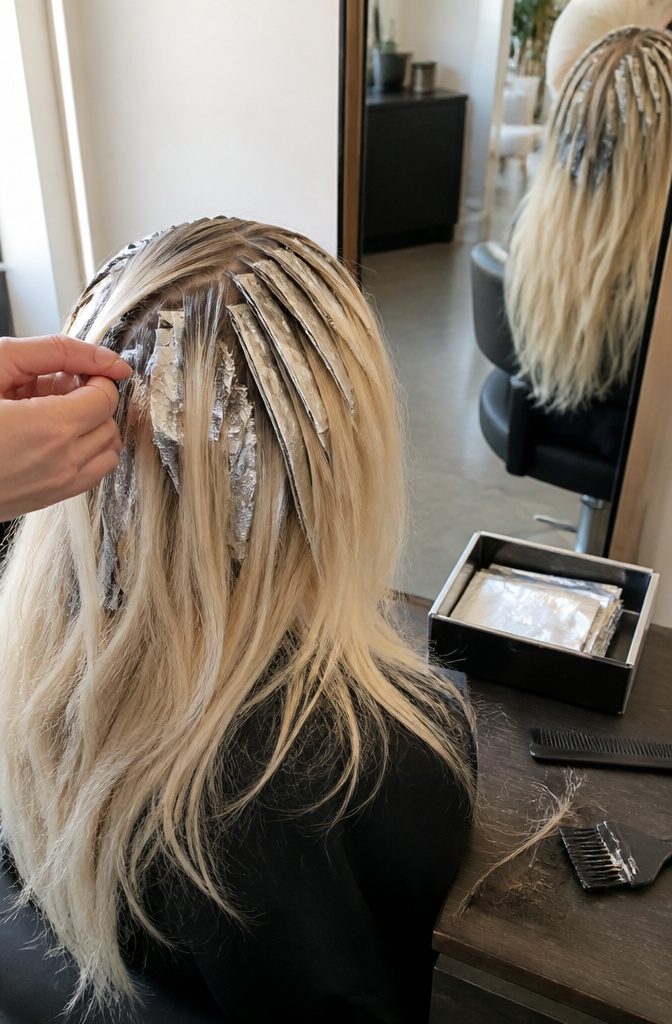 Fine blonde hair with narrow silver foils placed close together at the roots