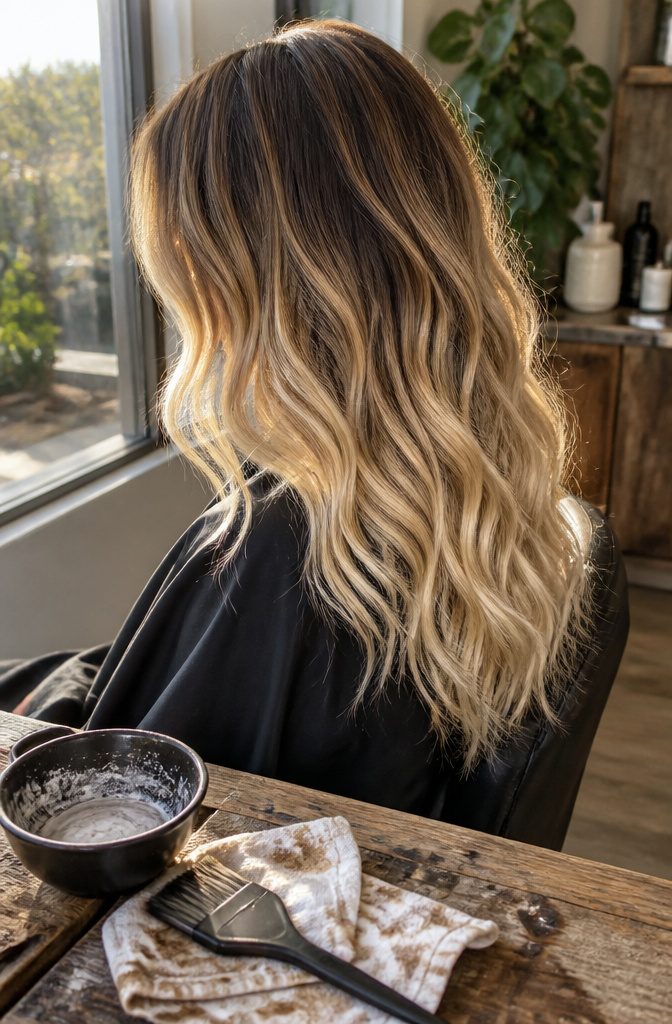 Blonde hair with hand-painted lightness starting below darker roots