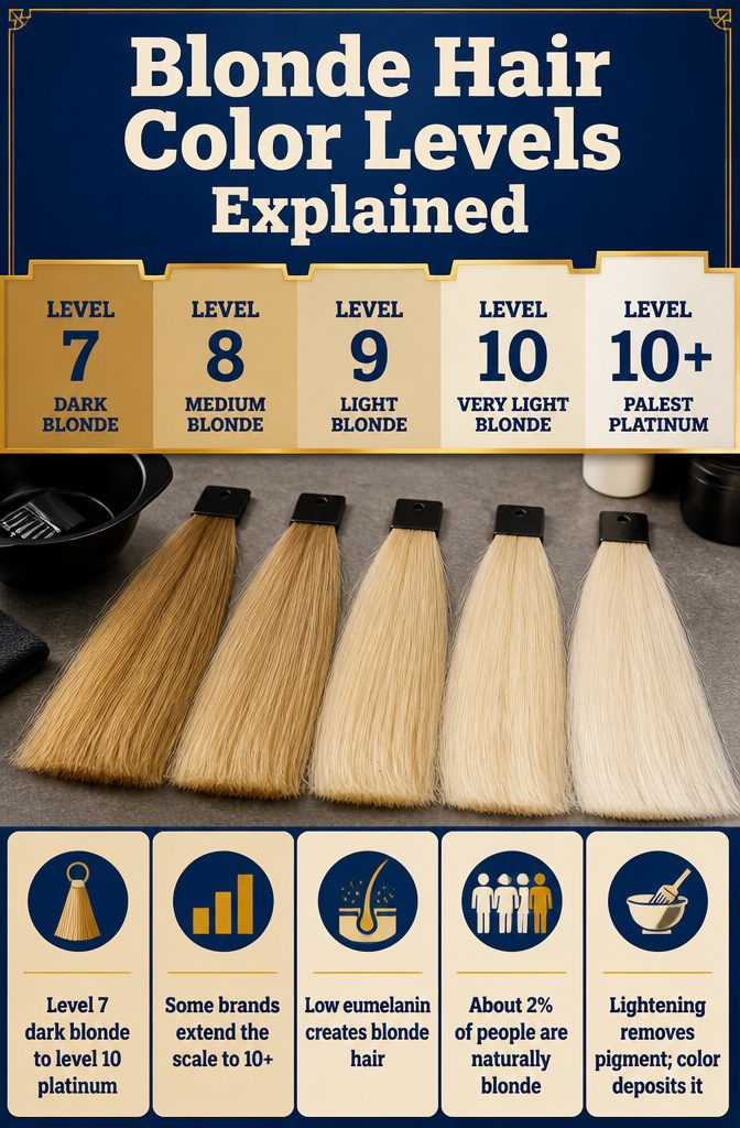 Blonde hair color level chart labeled from level 7 through level 10