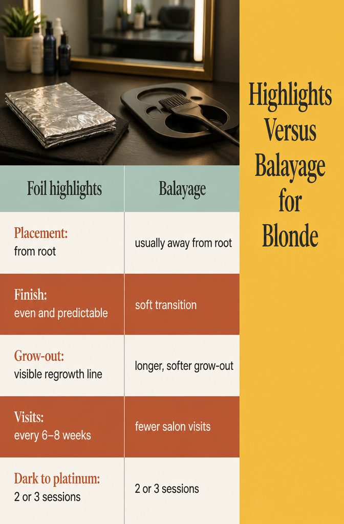 Blonde hair comparison with root-to-length foil highlights and hand-painted balayage