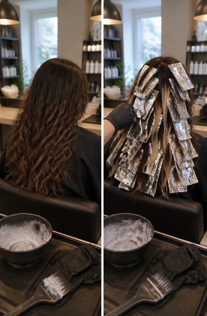 Hair with hand-painted blonde sections wrapped in foil