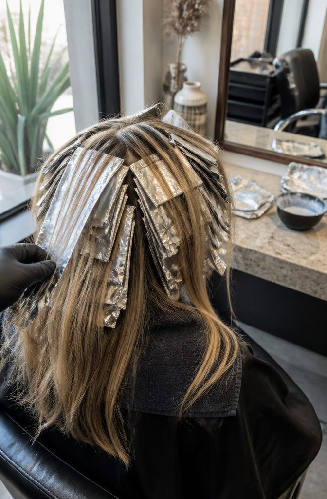 Warm blonde hair with fine root-to-length strands beneath silver foils