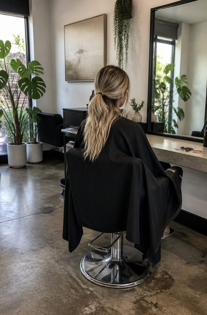 Blonde hair with a soft darker root and bright mid-lengths