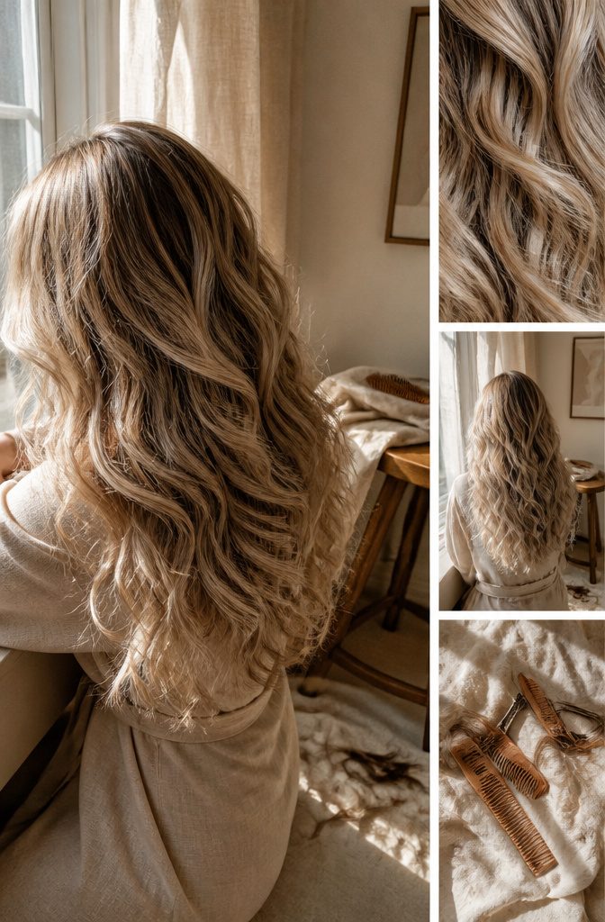 Blonde hair in beige sandy and ashy mushroom shades