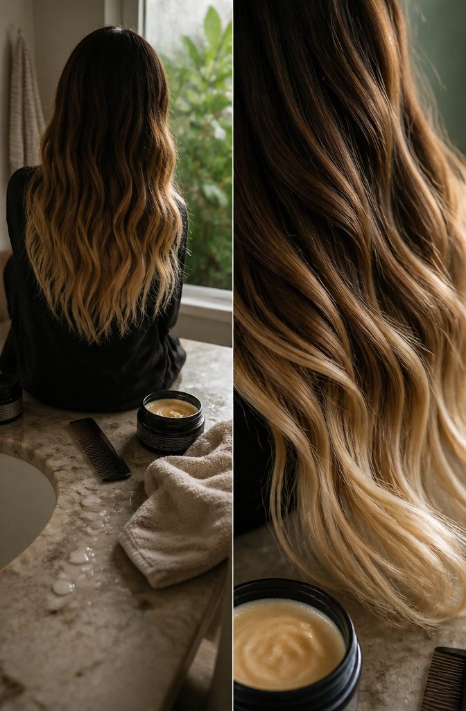 Hair fading from dark roots through lighter lengths to blonde ends
