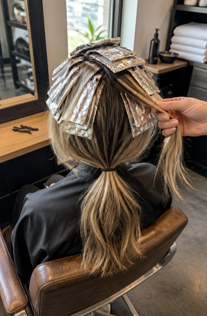 Hair sectioned for partial highlights with foils at the crown and sides