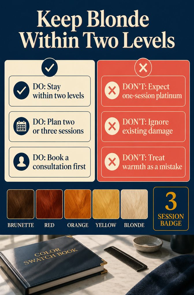 Hair color guide comparing natural shades with nearby blonde levels