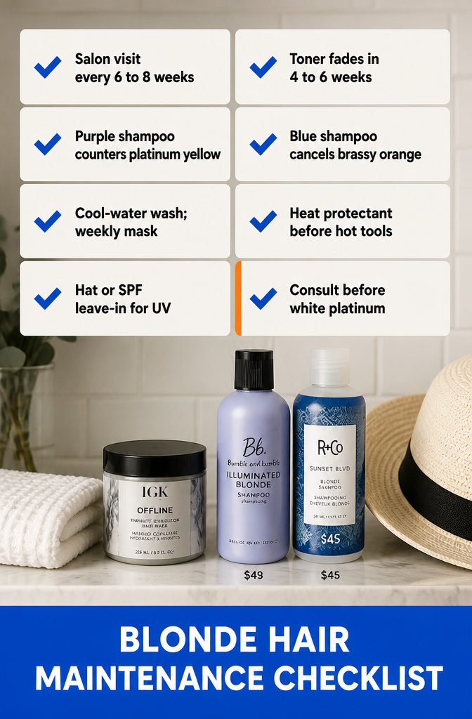 Blonde hair maintenance checklist with care steps and product names