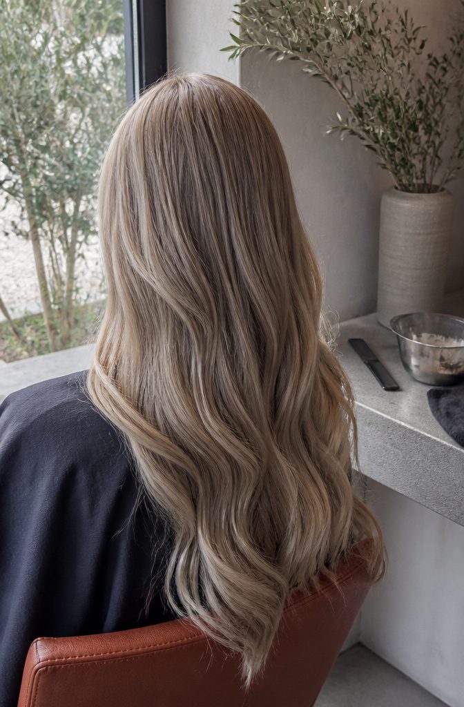 Long softly waved hair in cool gray beige blonde with muted strands