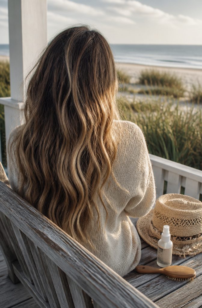 Dark hair threaded with fine beige babylights and loose beach waves