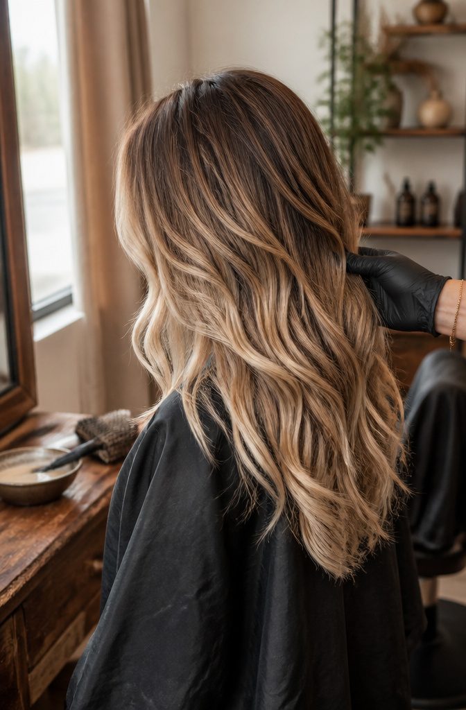 Long layered brown hair with hand-painted champagne beige highlights and a shadow root