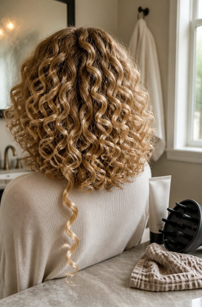 Shoulder-length defined curls with warm beige blonde color