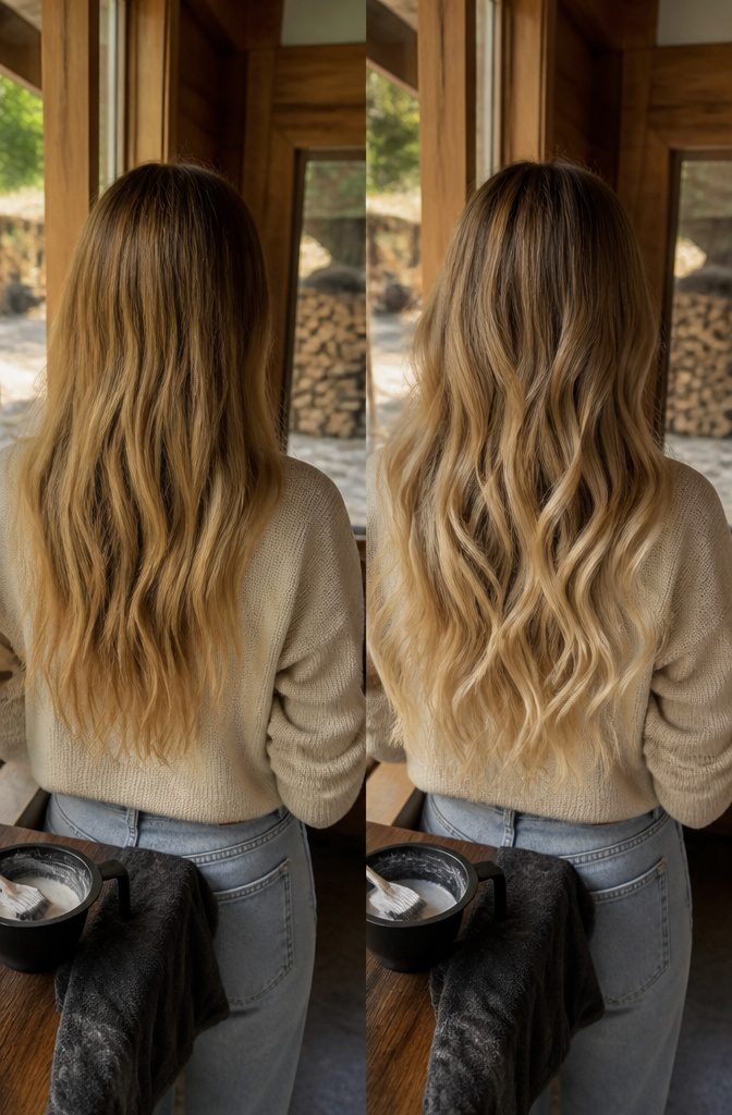 Long dark blonde hair with fine beige balayage pieces and loose waves
