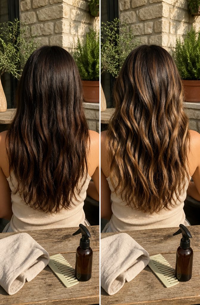 Dark brown hair with warm beige ribbons styled in loose beach waves