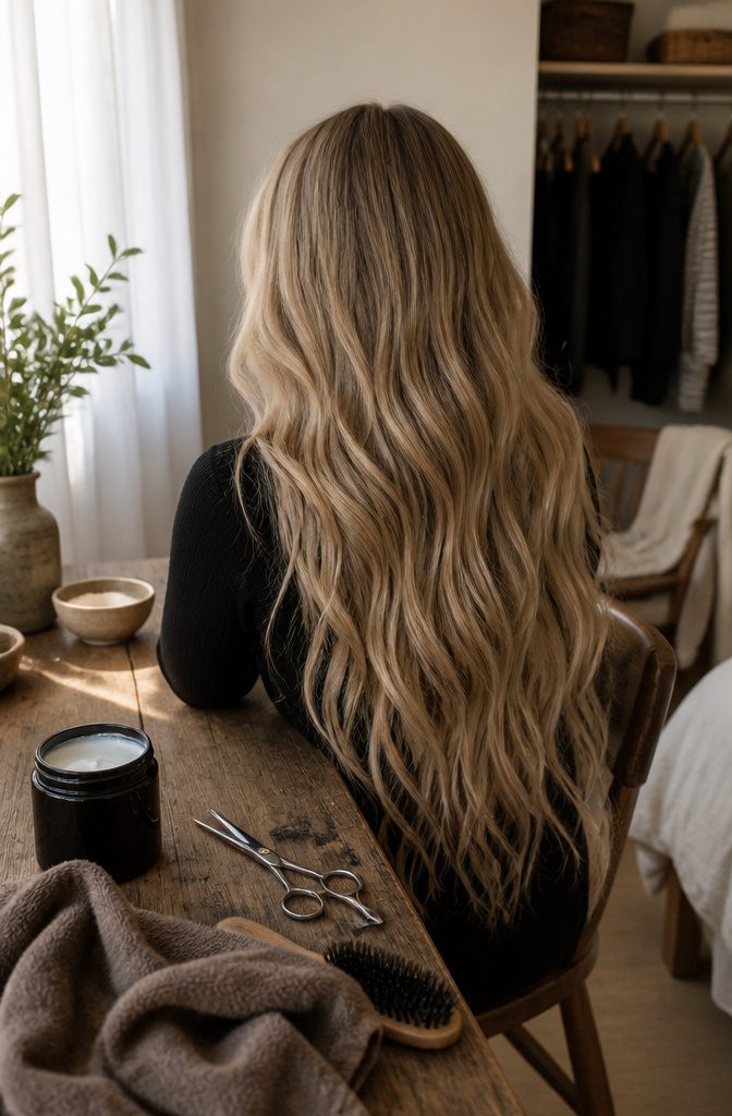 Long fine hair with warm beige balayage pieces and airy waves