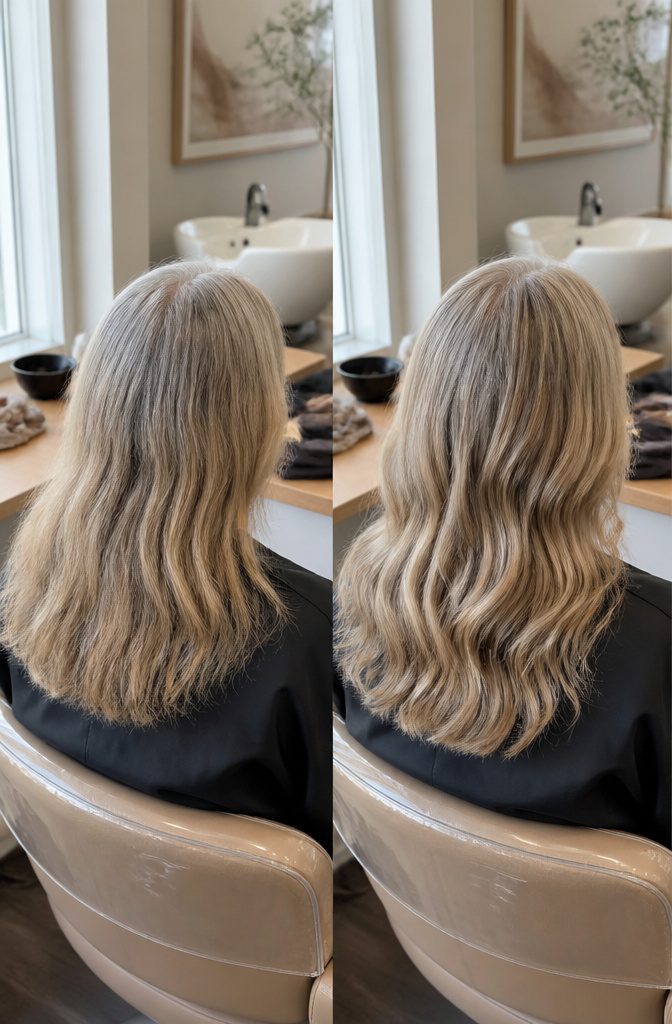 Gray hair blended with chunky warm blonde highlights and lowlights