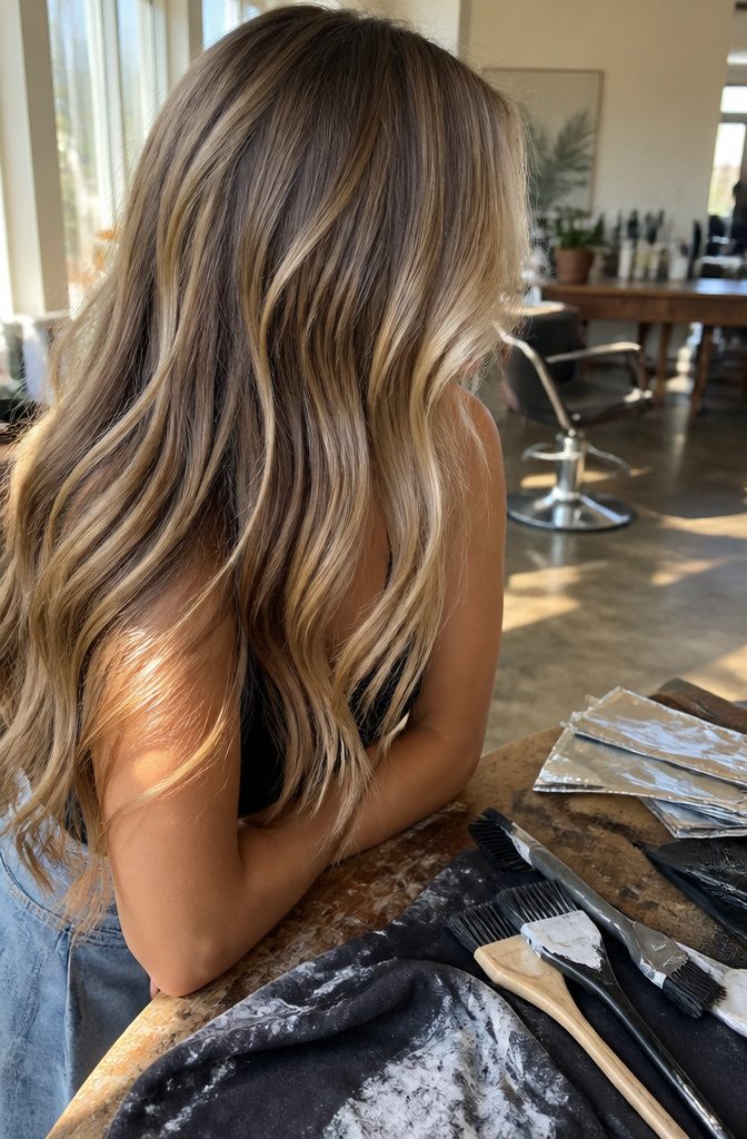 Long brown hair with beige face-framing highlights and beach waves