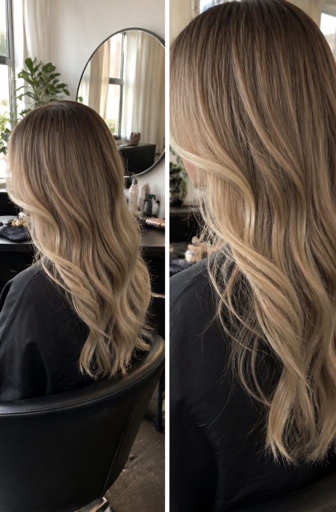 Long beige blonde waves with soft layers and face-framing pieces