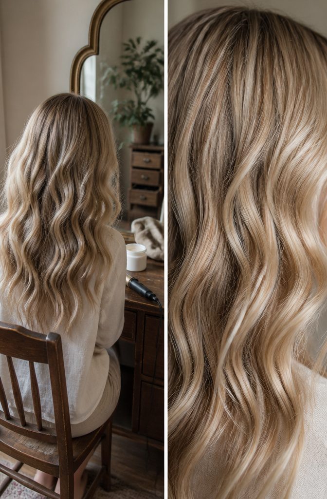 Light blonde hair woven with slightly deeper beige lowlights