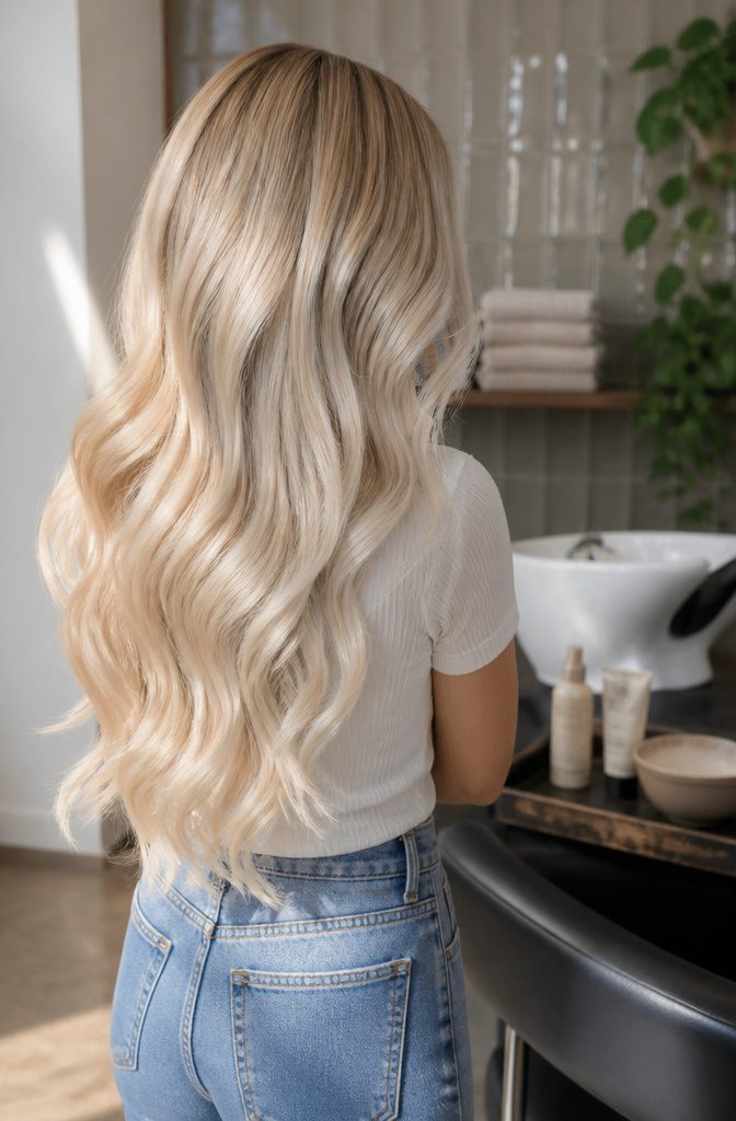 Pale creamy beige platinum blonde hair with a soft warm tone