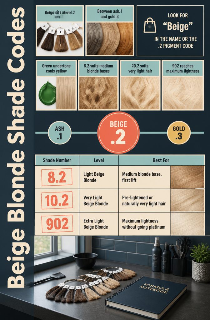 Beige Blonde Shade Codes graphic listing shade numbers levels and best uses