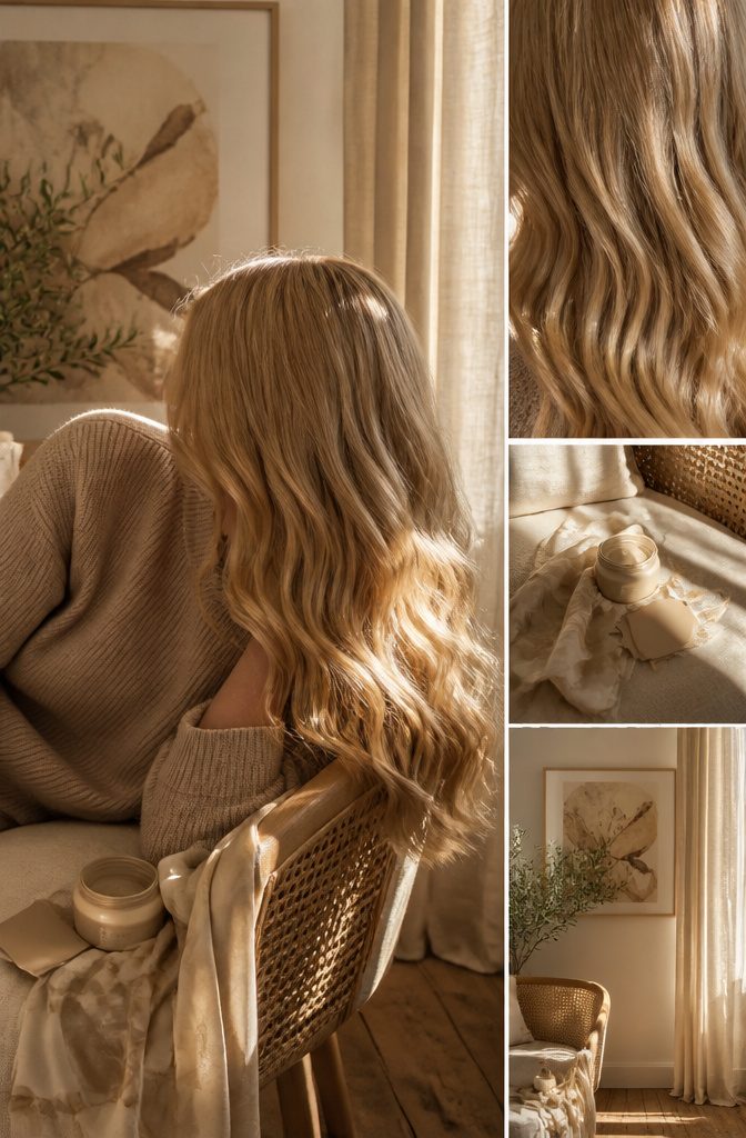 Warm light blonde hair with creamy beige and golden tones