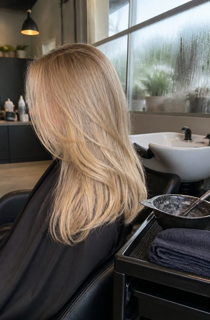 Smooth mid-length blonde hair with creamy beige tones and a soft root transition